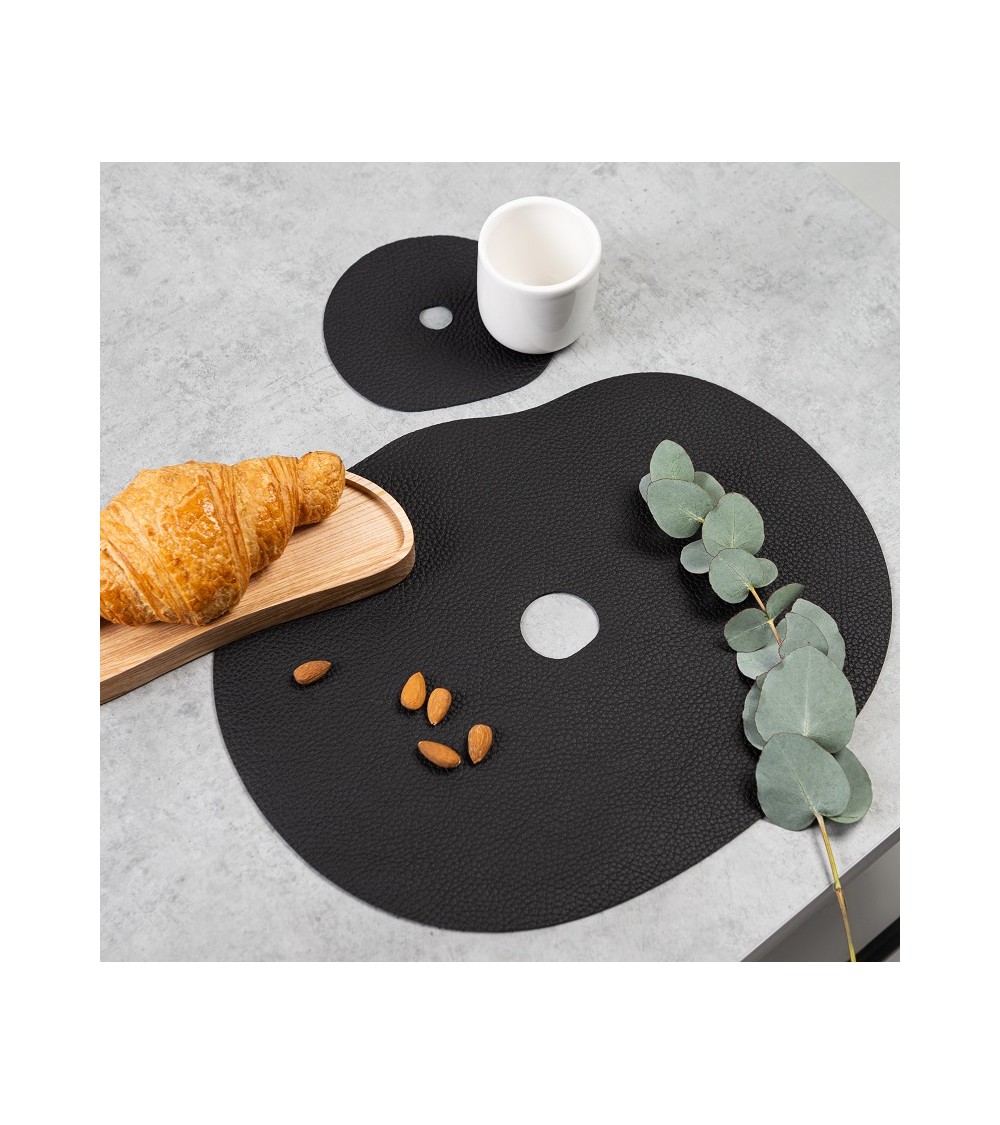Black leather placemat and coaster set