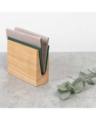 Wooden napkin holder with green metal detail